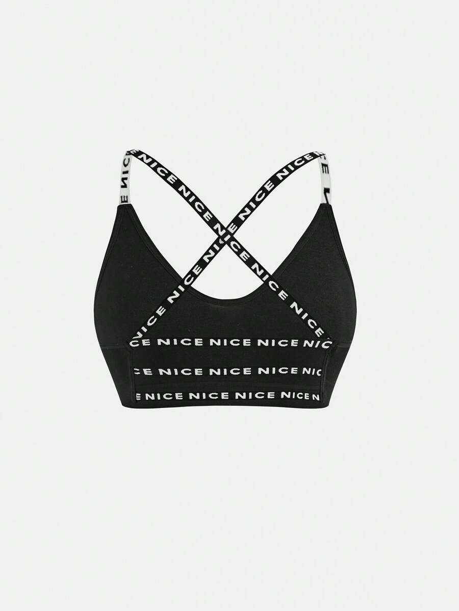 Lightweight Sports Comfy Soft Seamless No-Padded Letter Strap Wireless Bralette, Backless, Layering, Black, Music Festival, Party, Going-Out-Top, Teen Girls Underwear, Back To School - Black - View 1