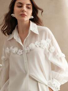 Anewsta 优雅玫瑰花卉拼接修身透明女式衬衫 - 白色 - 查看 7