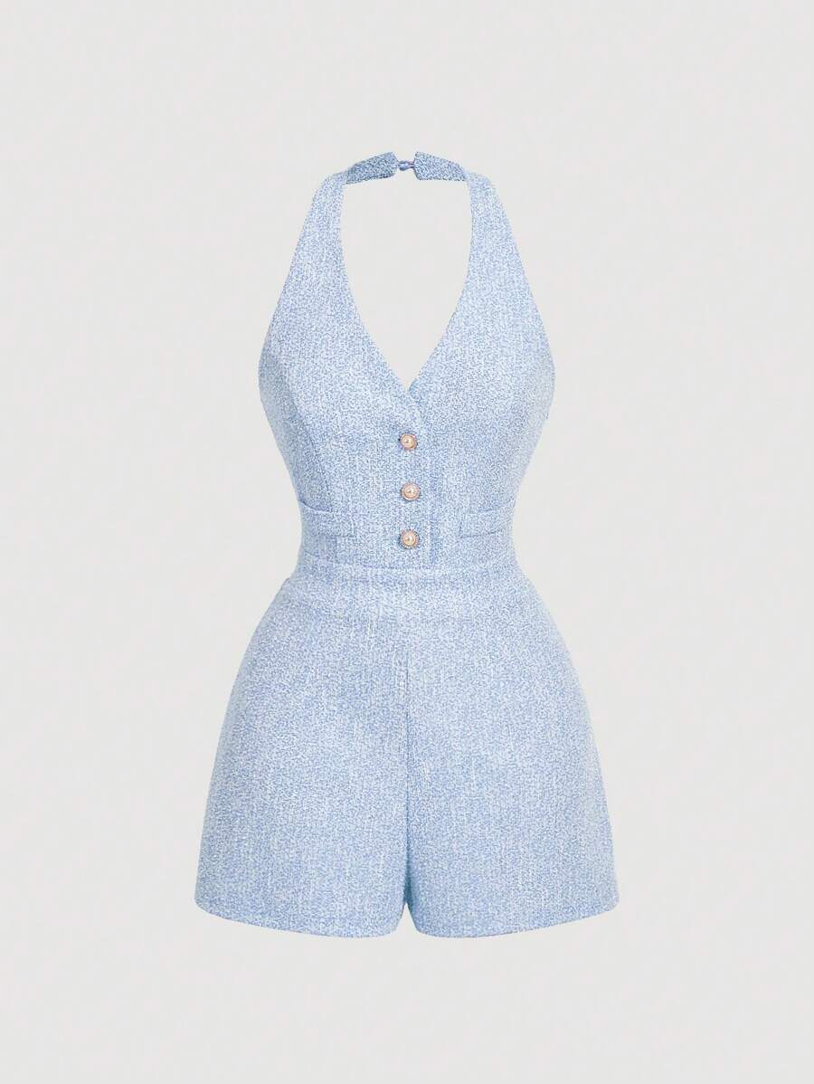 SHEIN MOD 粗花呢 V 领挂脖纯色珍珠纽扣连体裤，粉色连体衣 - 藍色 - 查看 1