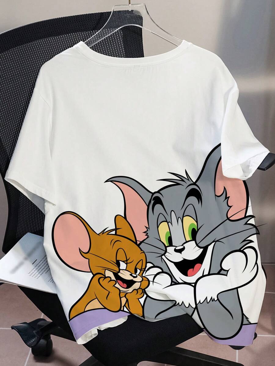 TOM & JERRY X SHEIN Plus Size Cartoon Mouse & Cat Print White Short Sleeve T-Shirt Cute T Shirts Women T Shirts Graphic Cute Graphic Tees Women Funny Graphic Tees Graphic T Shirt Summer / Summer For Women/ Summer / Cute Summer Tops Classic Casual Tee Rave Festival/ Rave/Festival/ Rave/ Festival For Women/ Country Concert/ Festival/ Concert/ C Concert Women/ Concert For Women/Rave/Rave Top