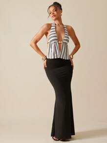 Hauture Black And White Stripe Halter Backless Top With Front Split And Gold Ornament, Boho, Vacation - Black and White - View 5