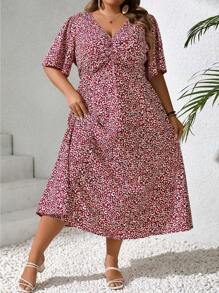 SHEIN CURVE+ Plus Size Leopard Print Long Dress, Casual Vacation Style,Summer Dresses For Women,Dresses Casual