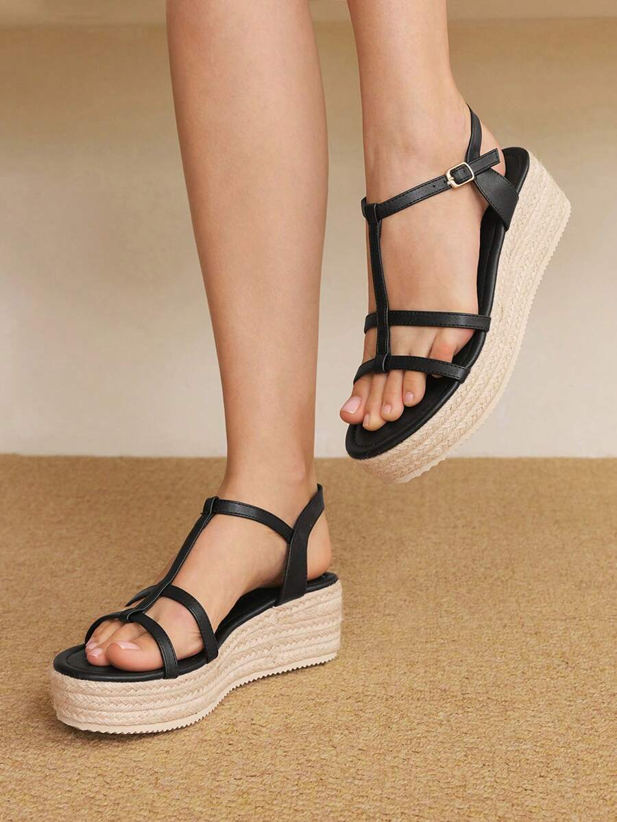 Styleloop Canvas Wedge Lace-Up Sandals, Minimalist Fashion Suitable For Summer - Black - View 1