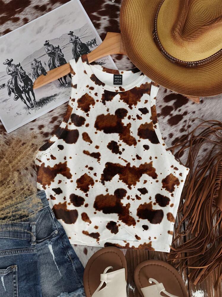 SHEIN EZwear Top Slim Fit de Estilo Boho Casual e Simples com Estampa de Vaca, Decote Redondo, Estilo Cowgirl Ocidental, Adequada para Verão, Férias, Primavera Chique - Multicolorido - Visão 1