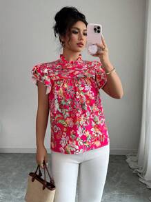 Elenzga Women's New Vibrant Floral Print Cap Sleeve Blouse Top (Floral Pattern Random Cut), Summer - Multicolor - View 4