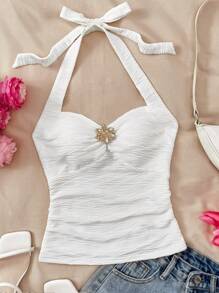 SHEIN Teen Girls' White Halter Tie V-Neck Floral Metal Buckle Textured Knit Fitted Camisole, Suitable For Vacation, Music Festival, Boho, Holiday, Afternoon Tea, Back To School, Daily Wear - White - View 6