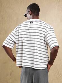 SUMWON Oversized Striped T-Shirt Casual Summer Basic Streetwear Tee Relaxed Fit Classic Top Daily Wear Essential Crew Neck - White - View 2