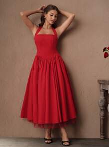 Savoree Women's Red Halter Neck Flared Mini Dress, Slim Fit European And American Style