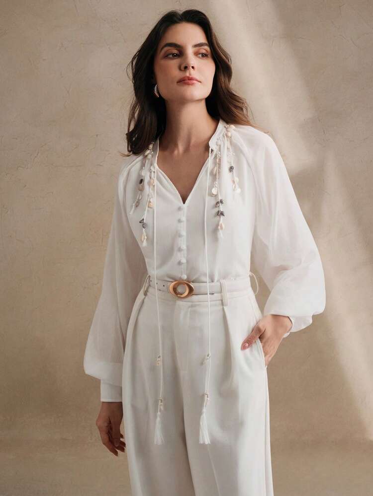 Women's New White Chiffon Pearl Studded Long Sleeve Blouse, Spring/Summer