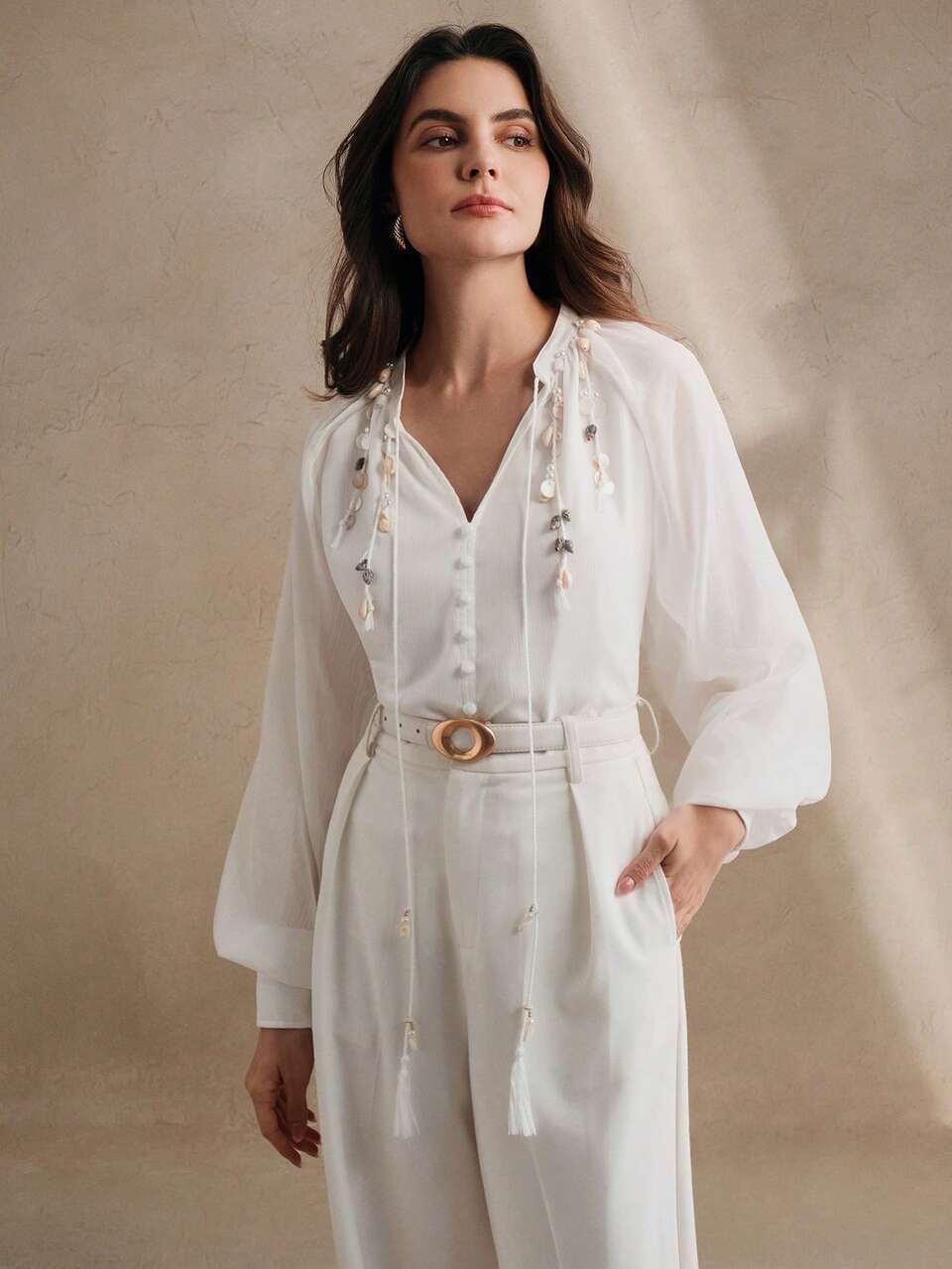 Women's New White Chiffon Pearl Studded Long Sleeve Blouse, Spring/Summer