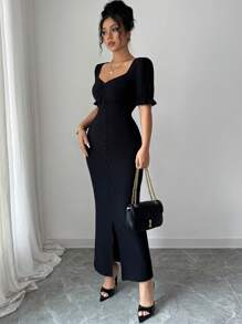 Modelyn Vestido midi feminino com decote quadrado e manga lanterna, tecido texturizado, elegante para uso diário