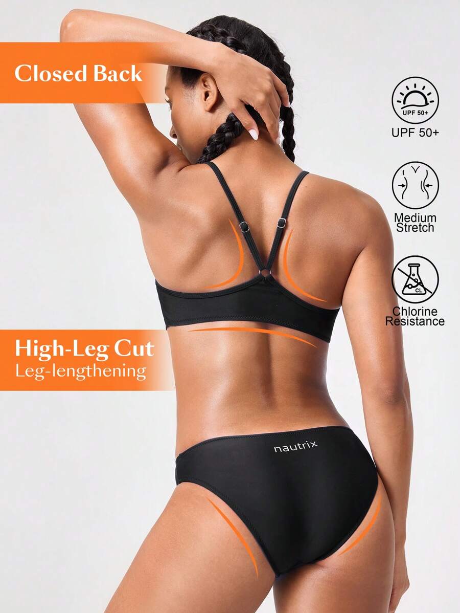 Swim Nautrix 2pcs Spaghetti Strap Crop Top And Low-Waist Bikini Bottom Sexy Swimsuit Set, Summer - Black - View 1