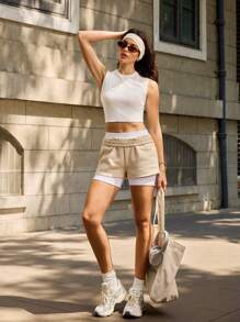 Easify SHEIN Sport Débardeur sport casual à encolure ronde côtelée, coupe slim, taille élastique, court, pour femmes, printemps/été