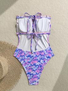 Soleia 女士度假甜美花卉印花露肩镂空露背系带沙滩连体泳衣 - 紫色 - 查看 2