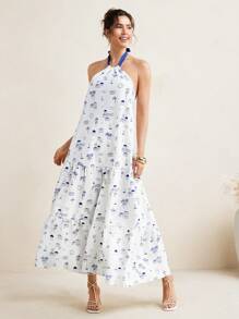 VALERIA GALIPOLI Vestito lungo a-line estivo in stile boho, senza maniche, con scollo ad altalena, con schienale aperto e stampa, adatto per spiaggia