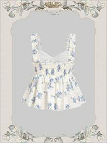 SHEIN MOD Plus Size Blue & White Embroidered Ruffle Trim Blouse Top, Romantic Vacation Wear - Blue and White - View 3