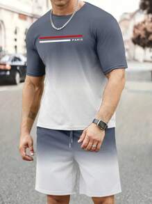 Manfinity Dauomo 男士夏季休闲渐变色短袖T恤和短裤套装