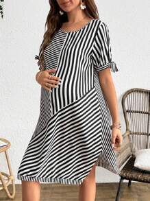 SHEIN Elegant Commuter Casual Retro Vacation Women's Fashion Versatile Striped Pattern Fabric Round Neck Striped Splice Tie Front V-Hem Maternity Dress, Black & White - Black and White - View 1