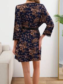 RueChic Women Contrast Colour Lace Detail With Leopard Pattern Homewear Lounge Robe - Apricot - View 2