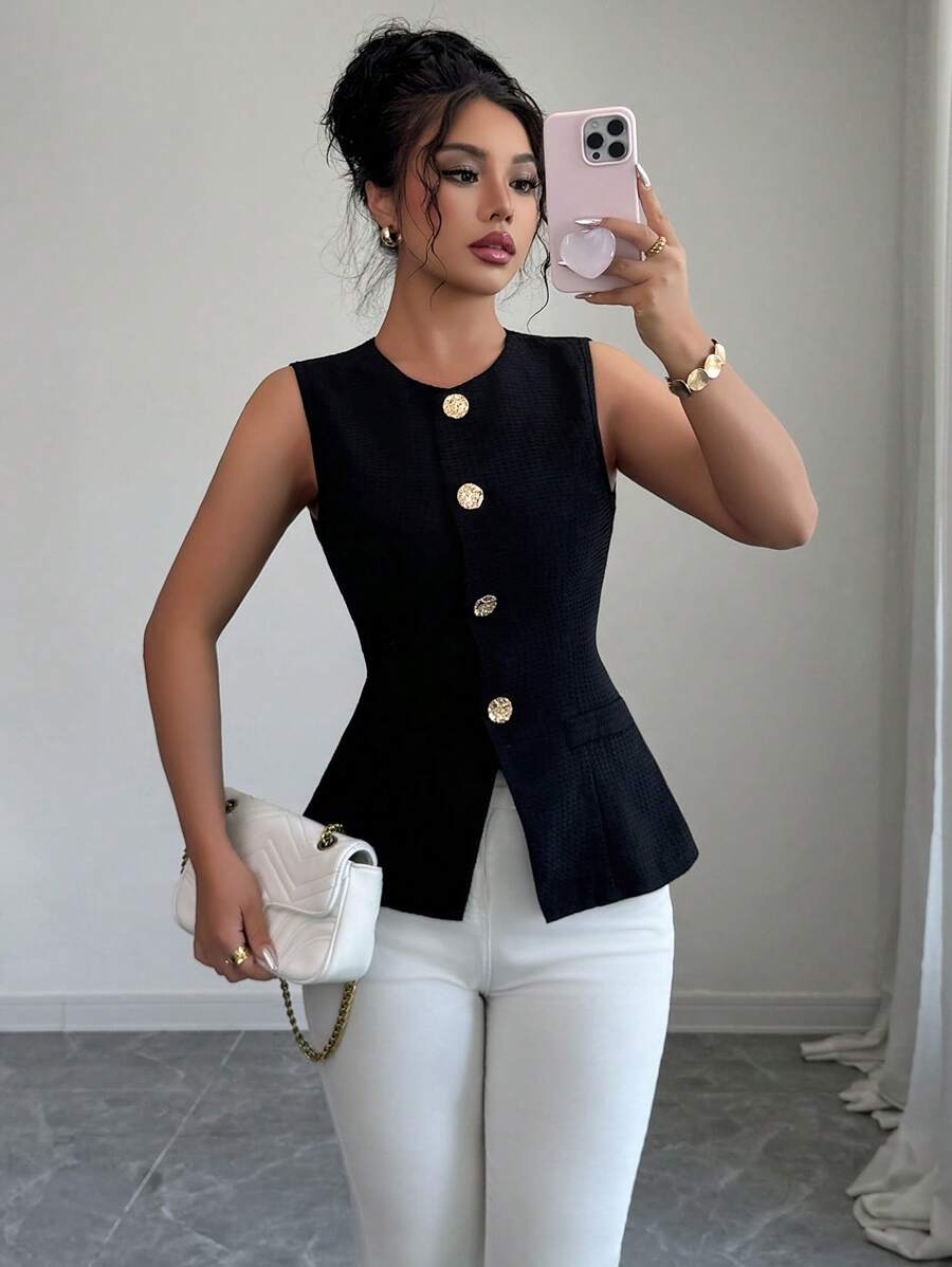 Selianne Fashionable Sleeveless Waist Cinched Black Jacket With Gold Button Decoration, Versatile Daily Wear, Spring/Summer - Black - View 1