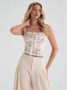 Glamine 女士雪纺刺绣花卉浪漫印花无袖胸围细节后背褶饰优雅浪漫度假约会百搭衬衫，夏季 - 彩色 - 查看 4