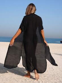 Swim Vcay 1 pieza Kimono cubridor de unicolor de manga larga para mujer, de moda para el verano - Negro - Ver 3