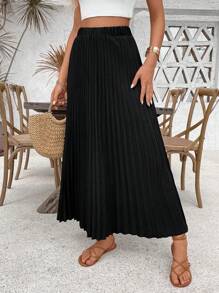 SHEIN PETITE Chân váy xếp ly màu trơn kiểu dáng thường ngày dành cho nữ, chất liệu vải mùa thu. - màu đen - Xem 1