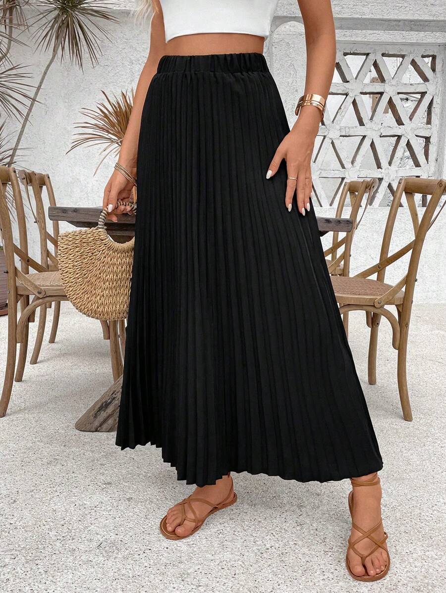 SHEIN PETITE Chân váy xếp ly màu trơn kiểu dáng thường ngày dành cho nữ, chất liệu vải mùa thu. - màu đen - Xem 1