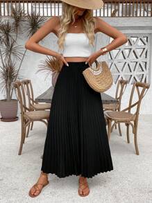 SHEIN PETITE Chân váy xếp ly màu trơn kiểu dáng thường ngày dành cho nữ, chất liệu vải mùa thu. - màu đen - Xem 6