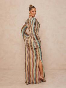 Lumalex Fall Modest Old Money Coquette Rave Festival Outfits Formal Fall Modest Old Money Coquette Summer Swimsuit Swimwear Swim Vacation Elegant Easter Bohemian BOHO Sea Beach Hot Outdoor Richly Layered Wedding Season Banquet Coming Of Age Ceremony Beach Seaside Metal Decor Deep V-Neck Flared Long Sleeve Bodycon Striped Print Dress For Women Women Dresses Birthday Women Casual Dress Long Dress With Sleeves Crochet Dress Striped Dress Unique Dress Cruise Dinner Dress - Multicolor - View 2