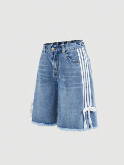 SHEIN Girlism Teen Girl Y2K Fashionable Stripe Bowknot Baggy Loose Fit Vintage Casual Denim Jeans Long Shorts With Slanted Pockets And Raw Hem, Spring Summer Break , Summer Concert Rave Festival Baggy Shorts Streetwear