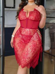 SHEIN Conjunto de lencería de 2 piezas con encaje y malla en contraste, talla grande, sin aros - Burdeos - Ver 3