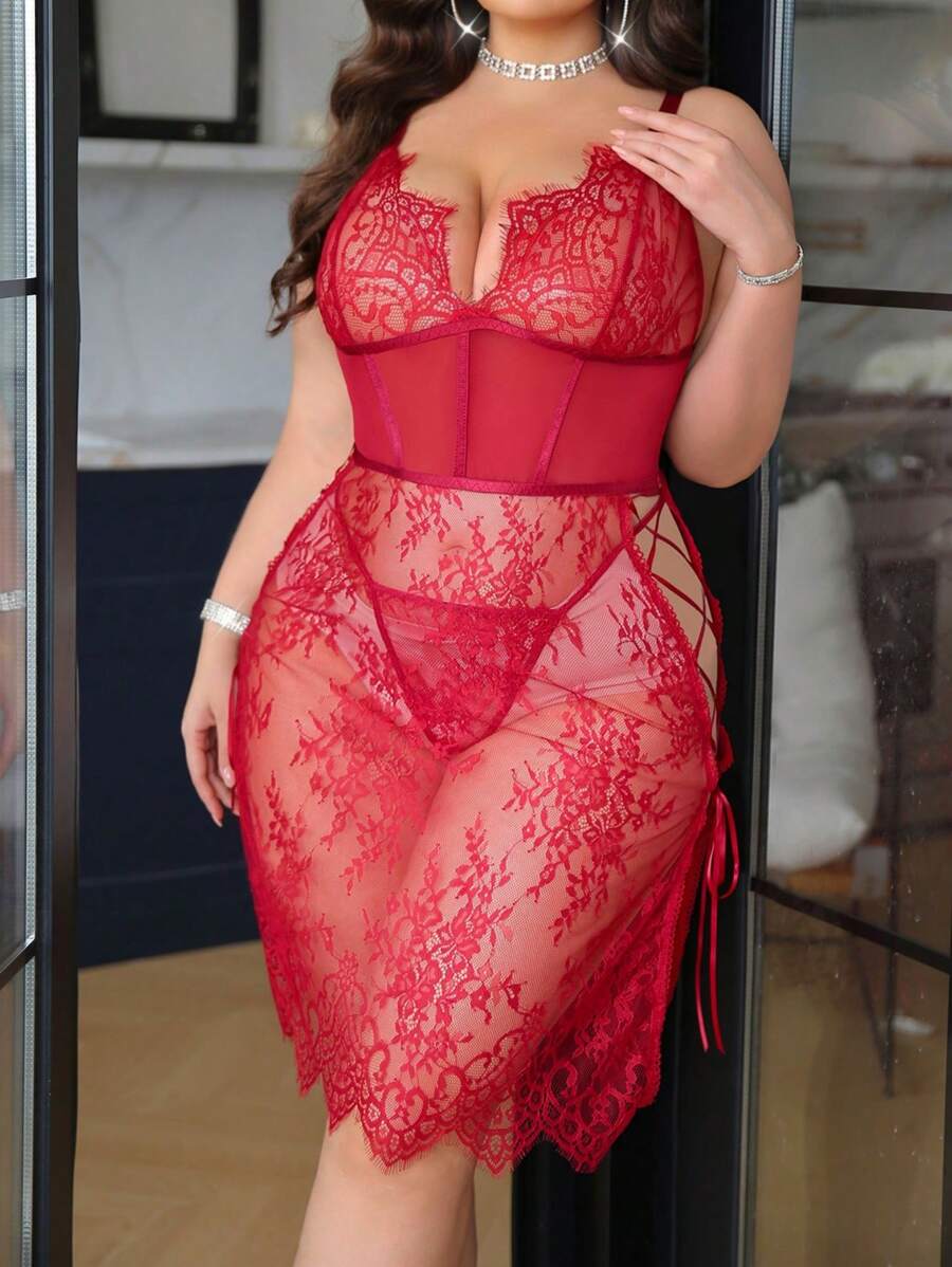 SHEIN Plus Size 2pcs Lace Contrast Mesh Lingerie Set, Wireless - Burgundy - View 1