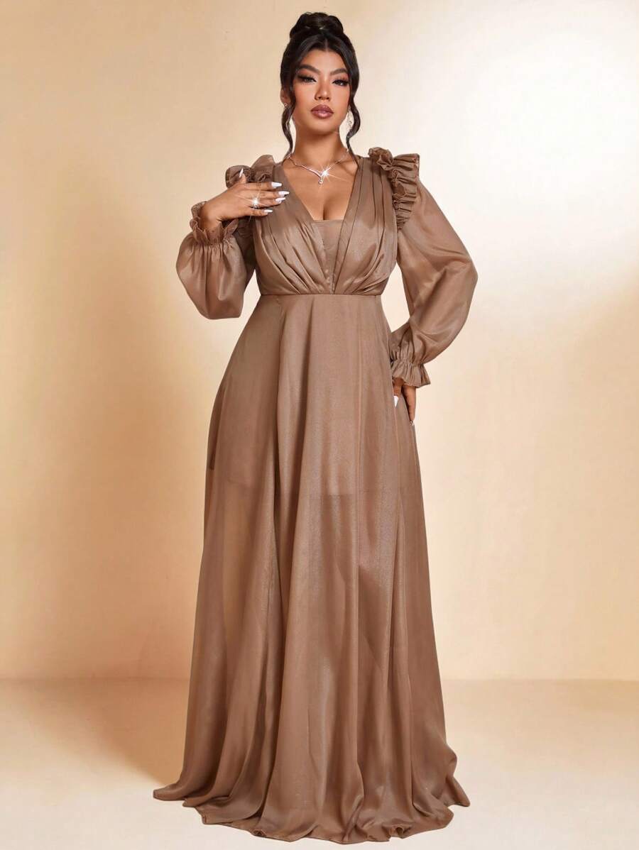 Allurite Deep V-Neck Ruffle Flowing Formal Dress Maxi Women Outfit Wedding - Brown - View 1