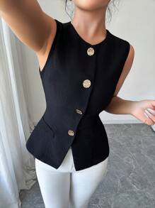 Selianne Fashionable Sleeveless Waist Cinched Black Jacket With Gold Button Decoration, Versatile Daily Wear, Spring/Summer - Black - View 6