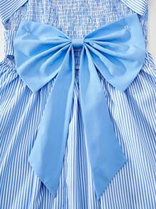 Tween Girl Summer Casual Striped Bow Detail Dress - White - View 5