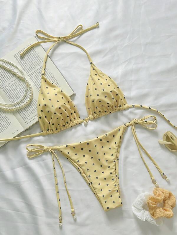 Swim Mod Conjunto de bikini para mujer de Springbreak con Top de atar y estampado de lunares, estampado aleatorio