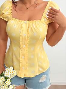 Flirla Plus Size Lightweight U-Neck Cinched Waist Shirt, Fashionable For Summer - Yellow - View 3