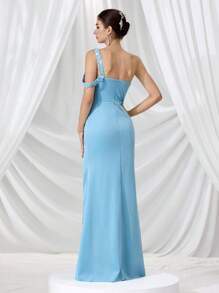 Coutiva Vestido de noche elegante de mujer con cuello asimétrico con cuentas, recorte hueco y abertura alta, vestido formal para fiestas y eventos, apto para invitada de boda - Azul - Ver 3