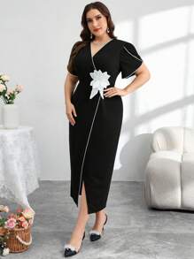 Modelyn 大码女式束腰V领优雅紧身连衣裙 - 黑色 - 查看 5