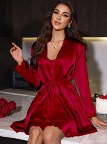 SilkySpell Women's Faux Silk Sexy Open Back Lace Up Red Slip Dress And Belted Robe Pajama Set, Valentine's Day Outfit, Fall Winter Clothes - Burgundy - View 6