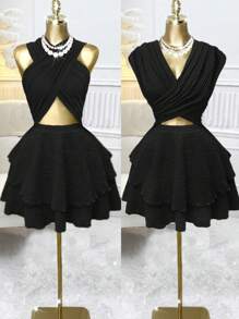 Franclia Breezaya 女式交叉镂空荷叶边下摆度假沙滩裙演唱会服装针织高弹力荷叶边时尚设计黑色性感浪漫优雅晚会约会节日派对春夏新款短裙 - 黑色 - 查看 8