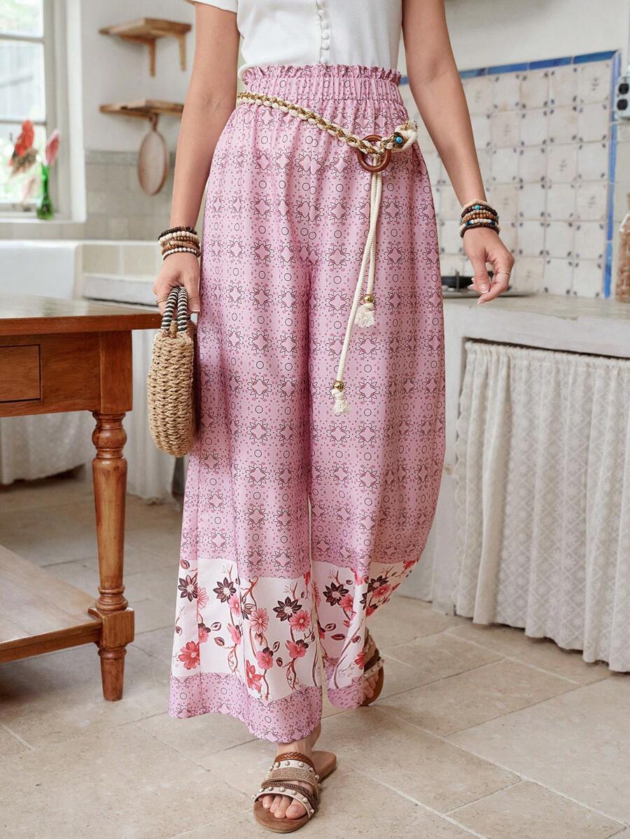 LanaWest Quần ống rộng in họa tiết chất lượng cao phong cách cổ điển thường ngày dành cho nữ - Hồng - Xem 1