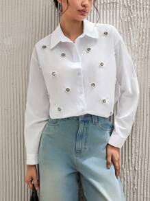 RueChic Cotton Pearls Beaded Button Front Shirt - White - View 6