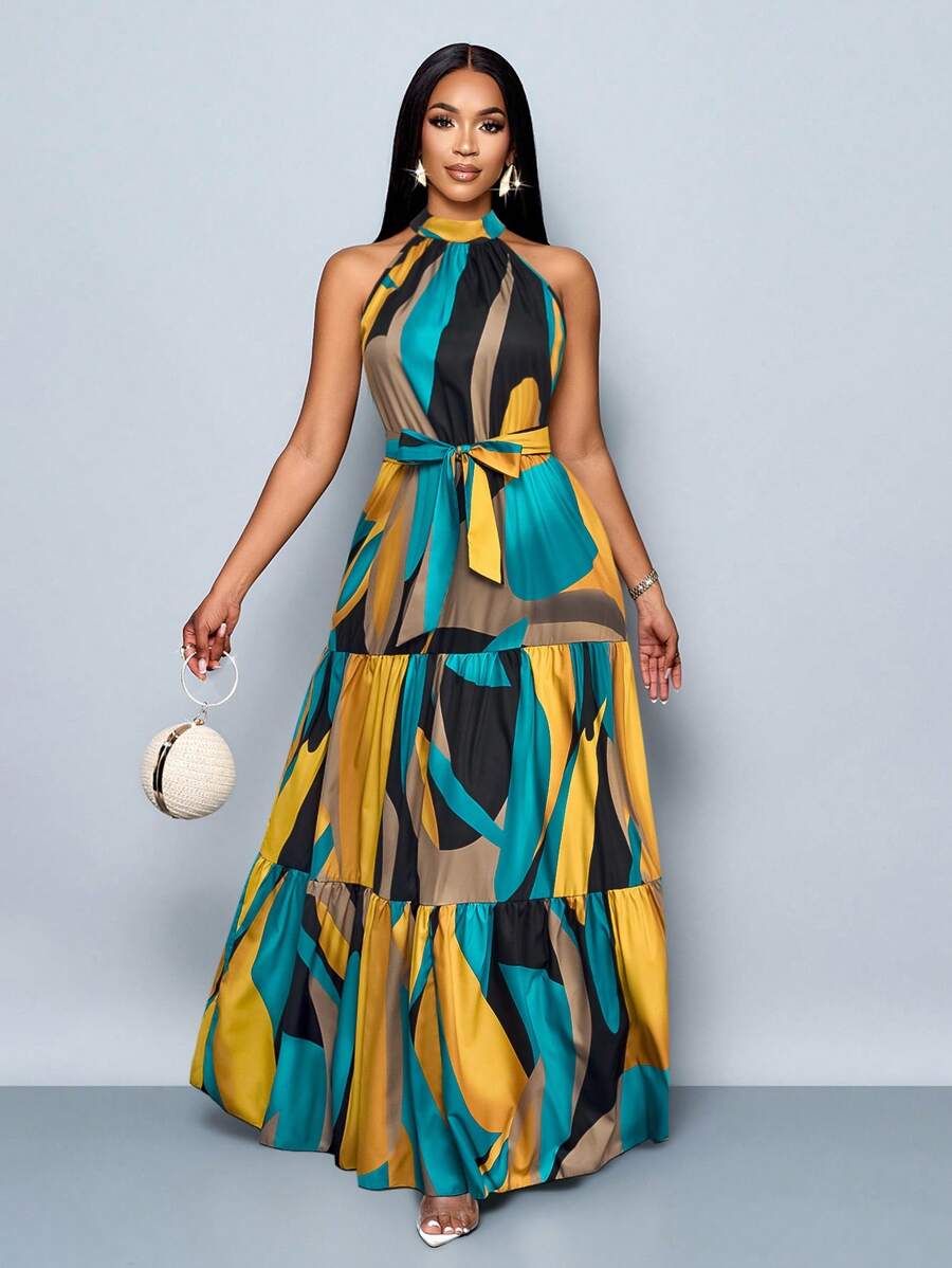 SOLERSUN 女士时尚全印花吊带长裙配腰带，飘逸度假风（随机花卉图案） - 黃色 - 查看 1