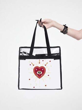Goth Black Transparent Tote Bag, Waterproof For Daily Shopping And Beach Use