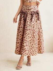 VALERIA GALIPOLI Falda midi con detalles de lazo de estampado de leopardo para mujer, ideal para salir, vacaciones y playa en verano - Multicolor - Ver 3
