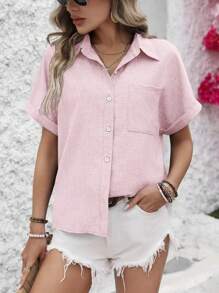 Breezaya 女士休闲 H 领短袖口袋单排扣衬衫 - 淺粉色 - 查看 4