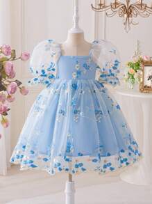 Young Girl Woven Mesh Embroidered Square Collar Fitted Dress Fall Winter - Blue - View 1