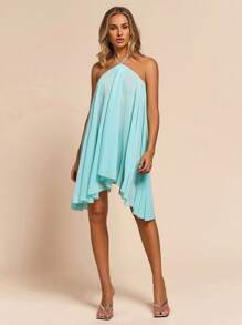 Glamine 女式无袖不对称下摆蓝色A字度假露背连衣裙，女士夏季服装，女士夏季连衣裙，女士太阳裙，优雅派对连衣裙，女士夏季短裙 - 淺藍色 - 查看 3